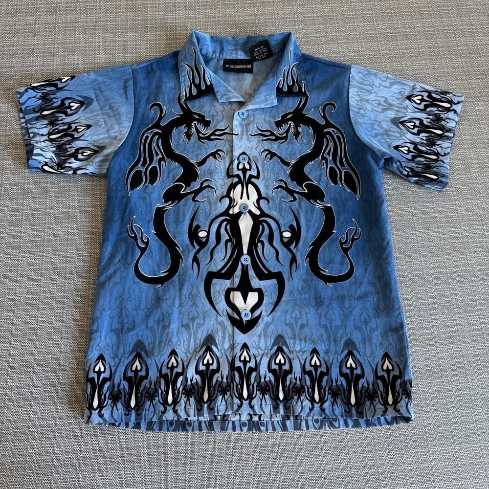 No Boundaries dragon Y2K blue & black kids button-up shirt